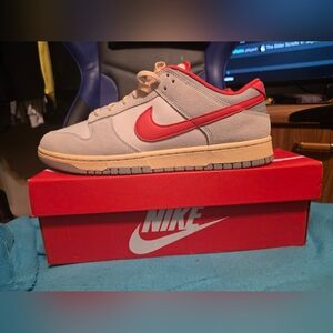 Gray, Cream, And Red Nike Mens Dunk Low